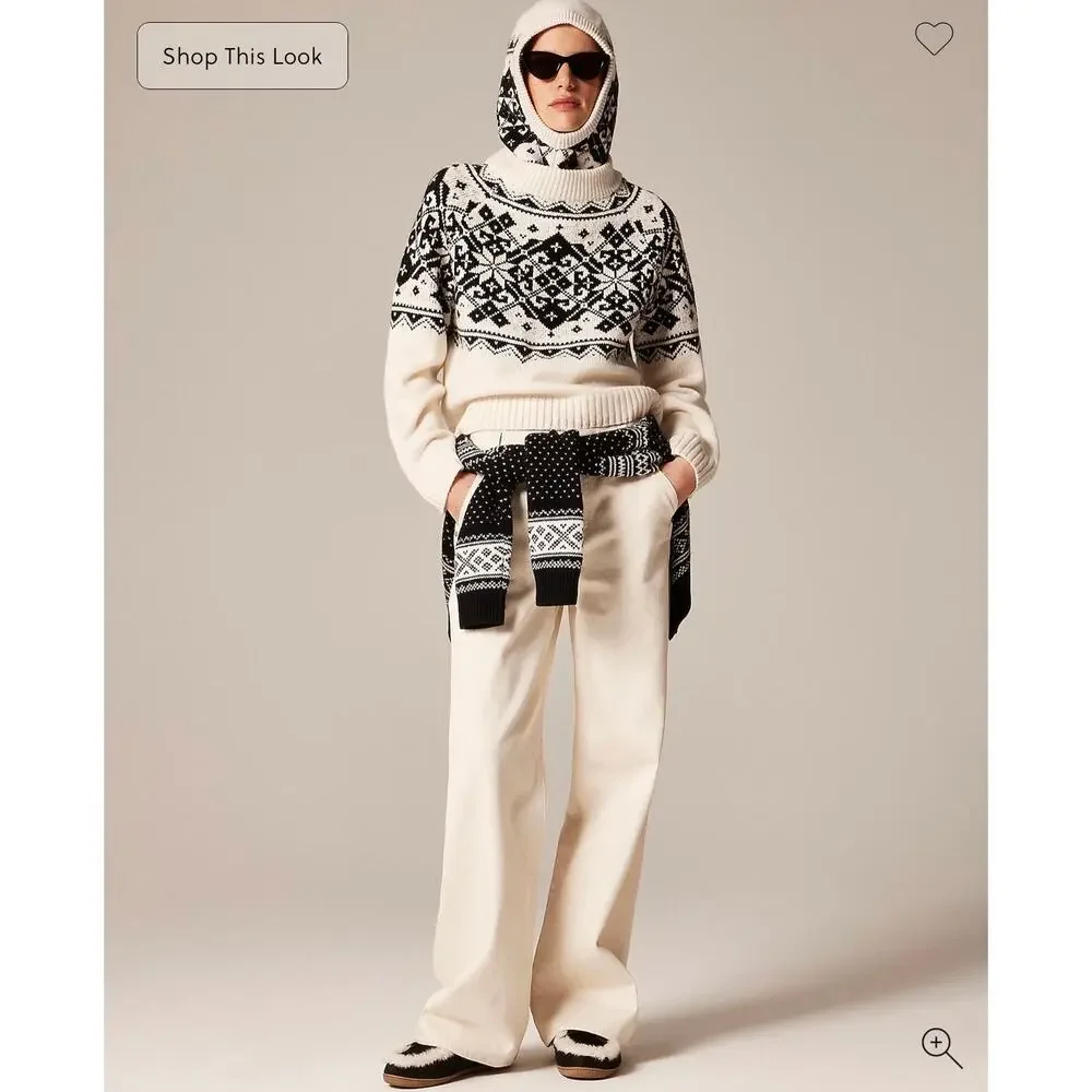 J. Crew Fair Isle snowflake mockneck sweater in vintage wool Ivory Black NWT XS
